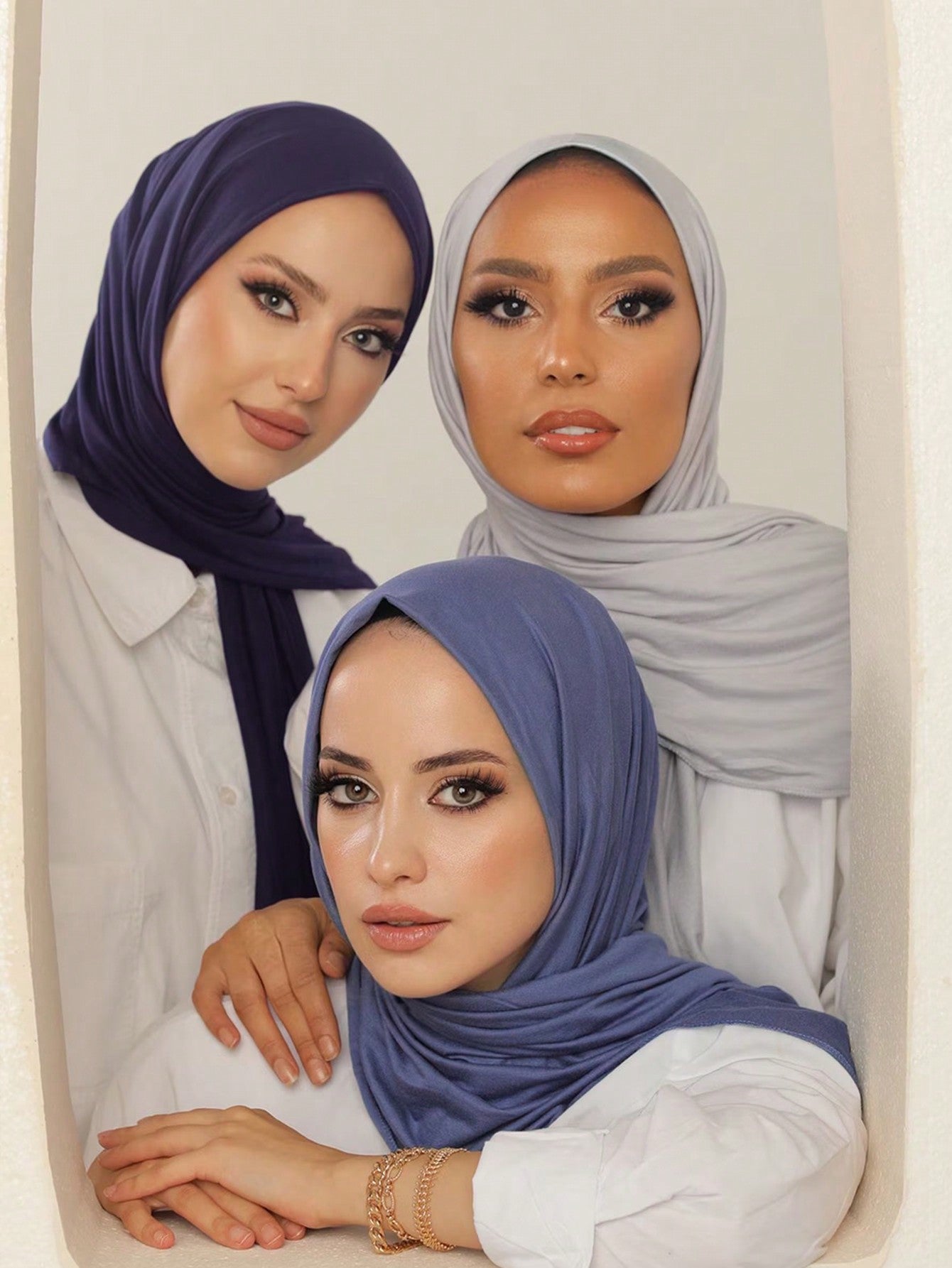 طقم حجابات جيرسي باللون الأزرق المغسول بالماء، الأزرق الداكن الناشفي، الرمادي الفاتح