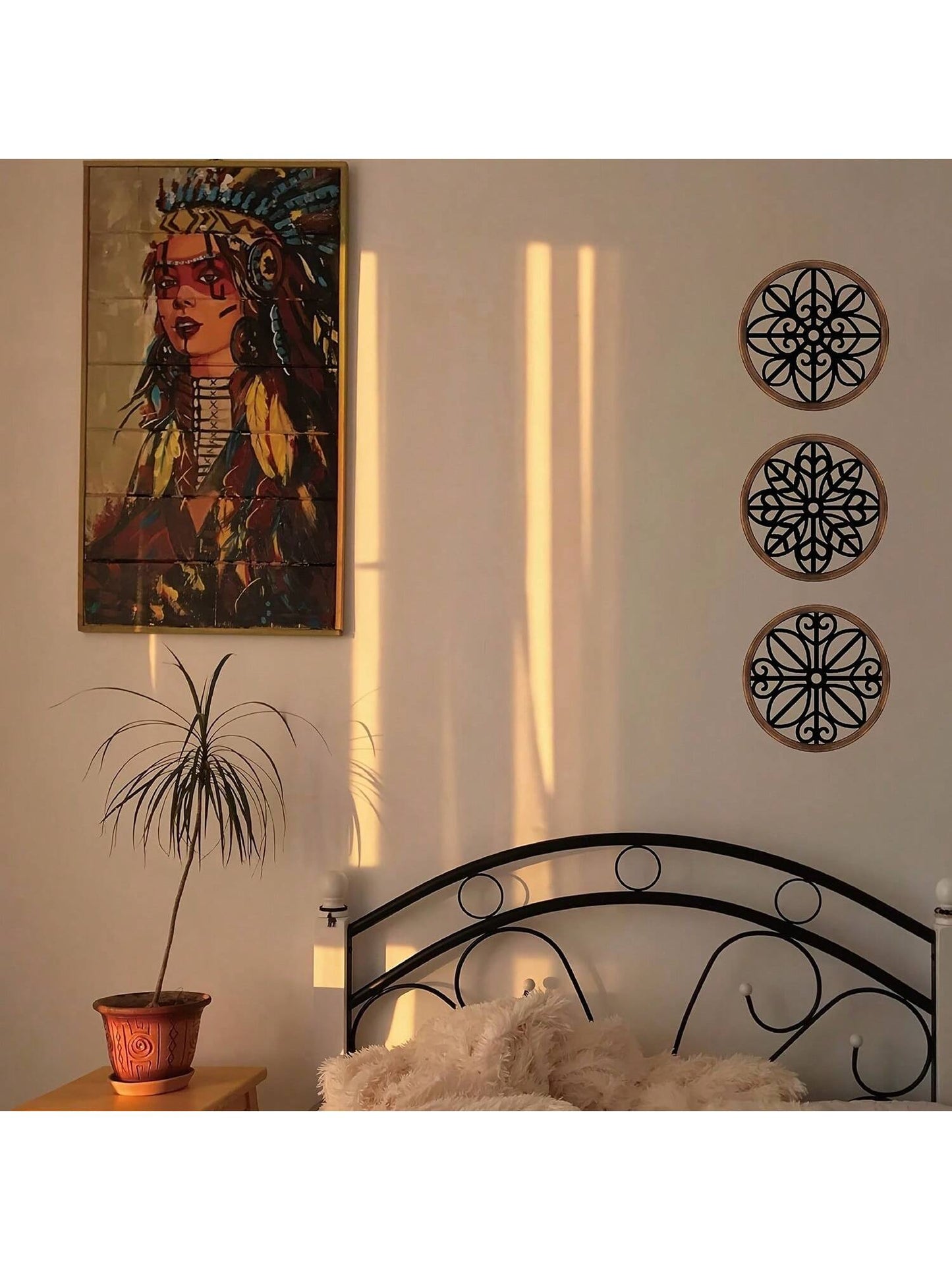 3 عبوات ديكور جداري ريفي لوحة جدارية دائرية هندسية بإطار خشبي ديكور معلق فارم هاوس للمنزل الشقة غرفة النوم غرفة المعيشة السكن الطلابي ، ديكور حائط معلق ريفي دائري