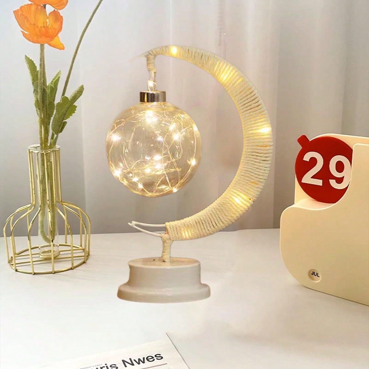 مصباح طاولة إبداعي بشكل كرة نجوم Led جديدة بكرات النسيج مع حبل، مصباح ليلي للديكور