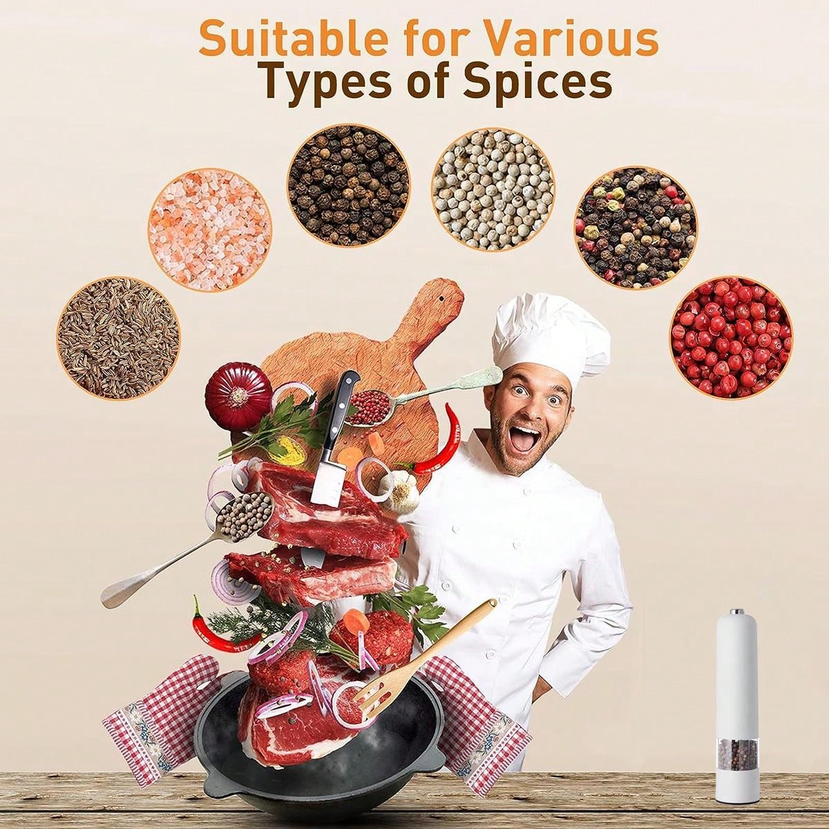 قطعة واحدة من مطحنة الملح والفلفل الكهربائية التي تعمل بالبطارية (البطارية غير متضمنة)، مسند مطحنة مجاني، تشغيل تلقائي بيد واحدة، خشونة قابلة للتعديل، مطحنة توابل أوتوماتيكية مع خشونة قابلة للتعديل، مثالية للطهي المنزلي والشواء، أبيض