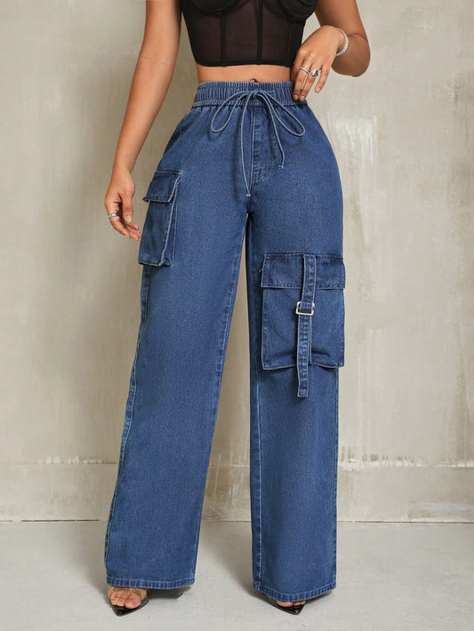 بنطلون جينز بخصر قابل للشد وجيوب للنساء