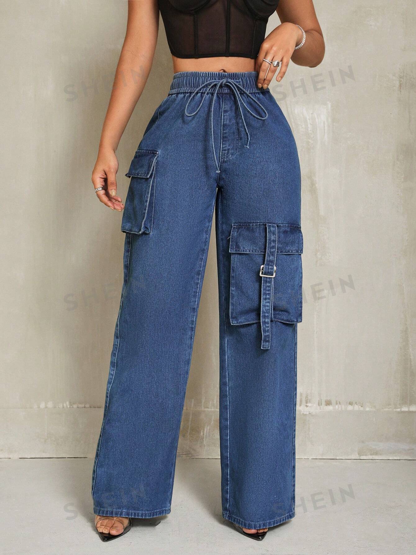 بنطلون جينز بخصر قابل للشد وجيوب للنساء