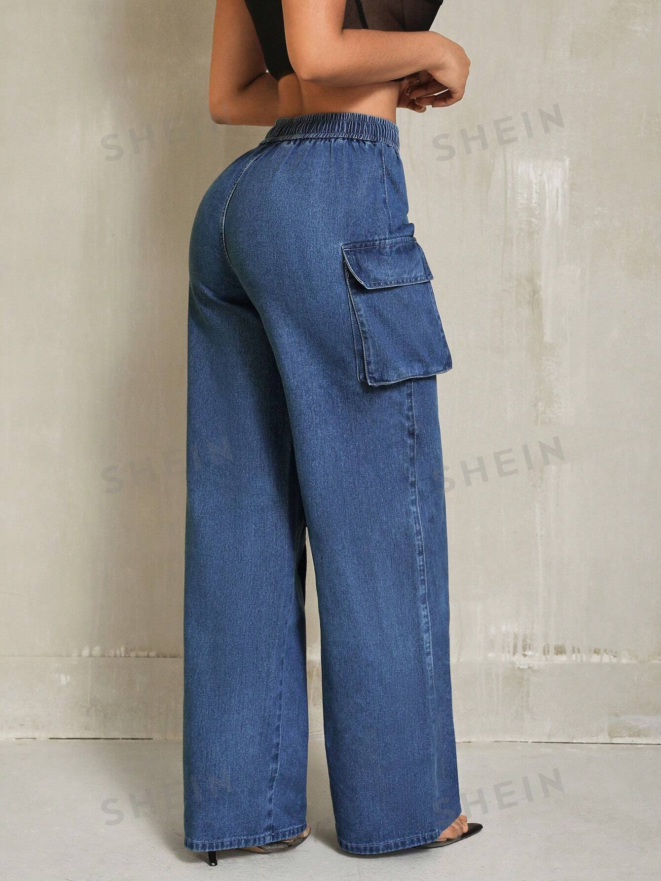 بنطلون جينز بخصر قابل للشد وجيوب للنساء