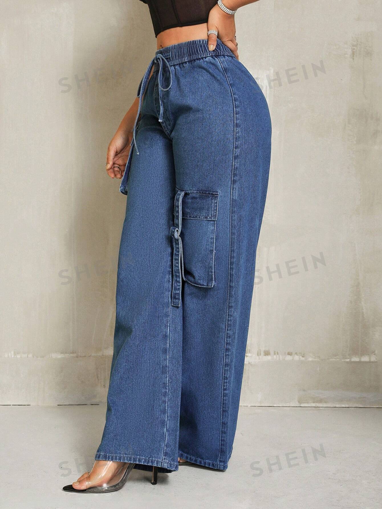 بنطلون جينز بخصر قابل للشد وجيوب للنساء