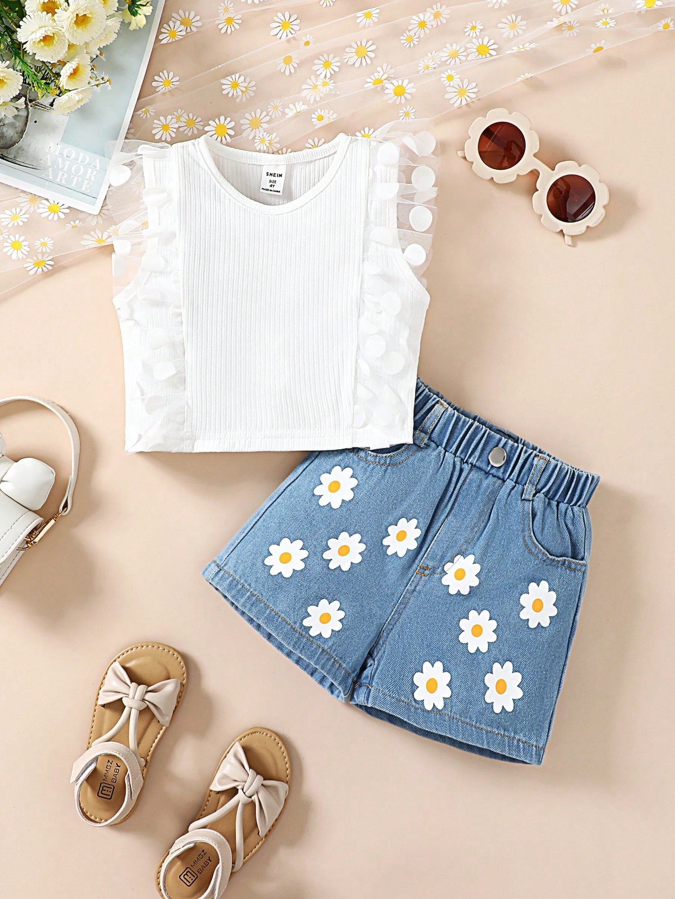 بلوزة كاجوال من الدانتيل المضلع للفتيات الصغيرات طقم شورت من قماش الدنيم من Little Daisy