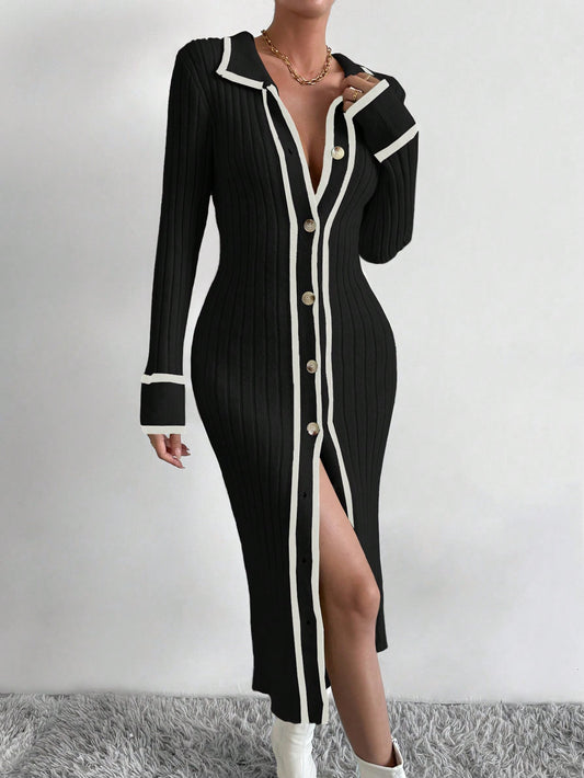 فستان سترة منقسم بألوان متداخلة وأطراف ملتفة و أزرار