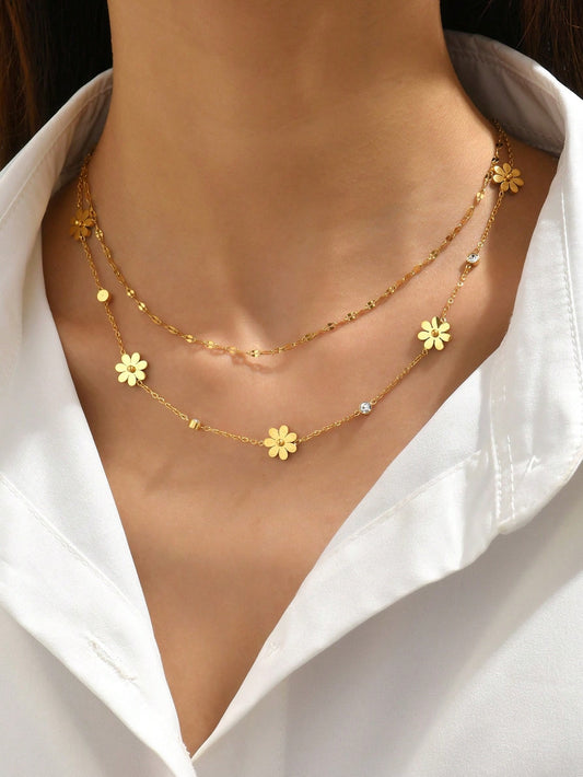 قلادة عنق من الفولاذ المقاوم للصدأ بتصميم زهرة الأقزام وزينة راينستون 2 قطعة