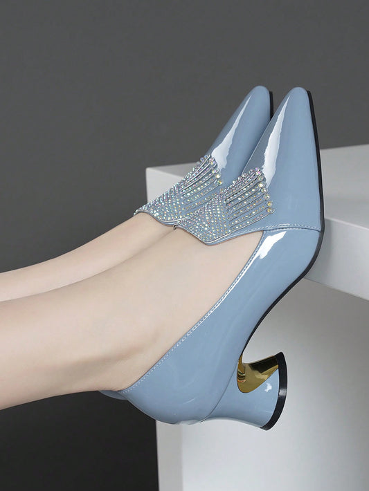 حذاء عالي الكعب سميك للنساء بمقدمة مدببة مرصع بالراين