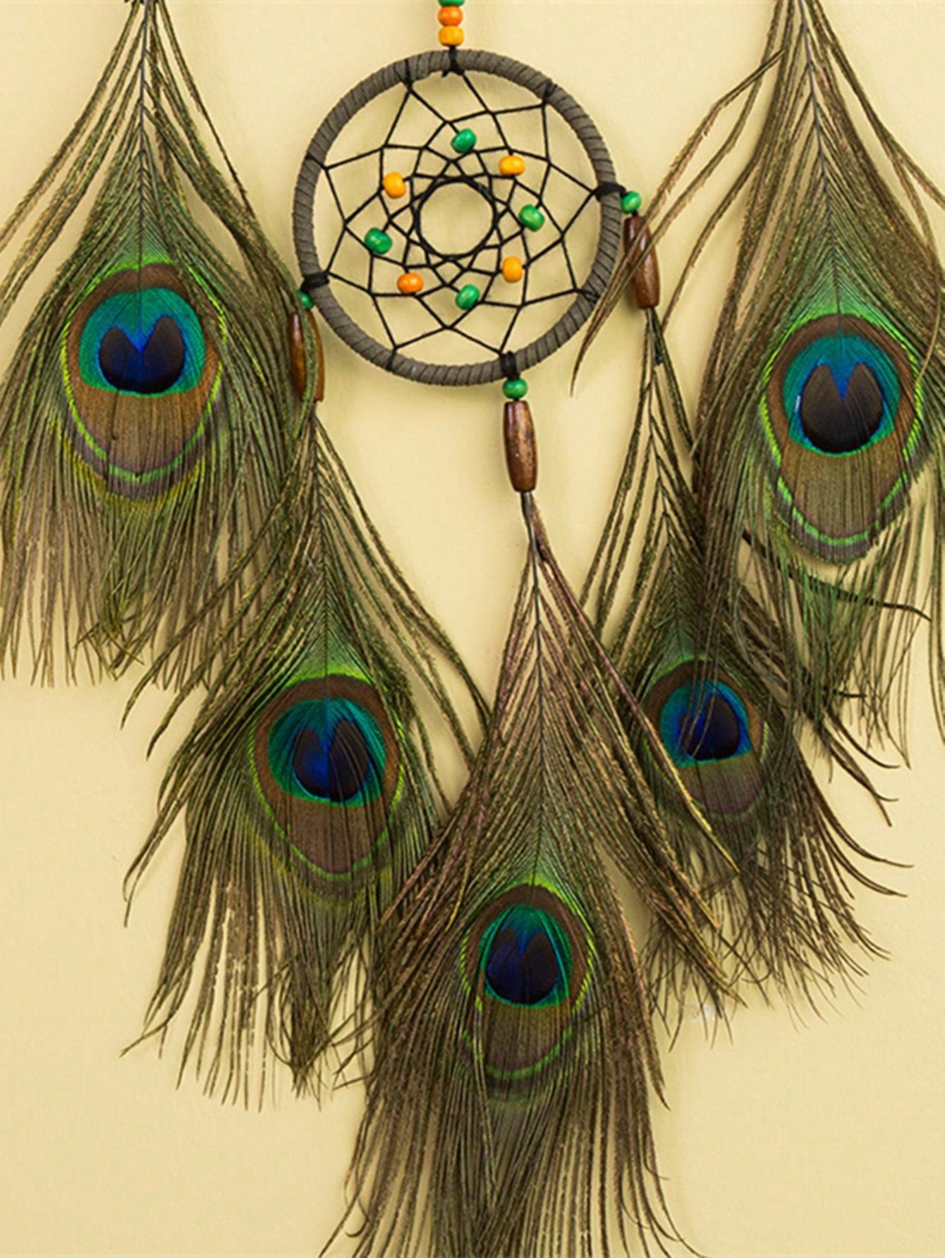 صائد الأحلام بريشة الطاووس 1 قطعة مع أجراس الرياح، ديكور كريم أصفر ملون لغرفة / فندق / نزل المنزل القديم