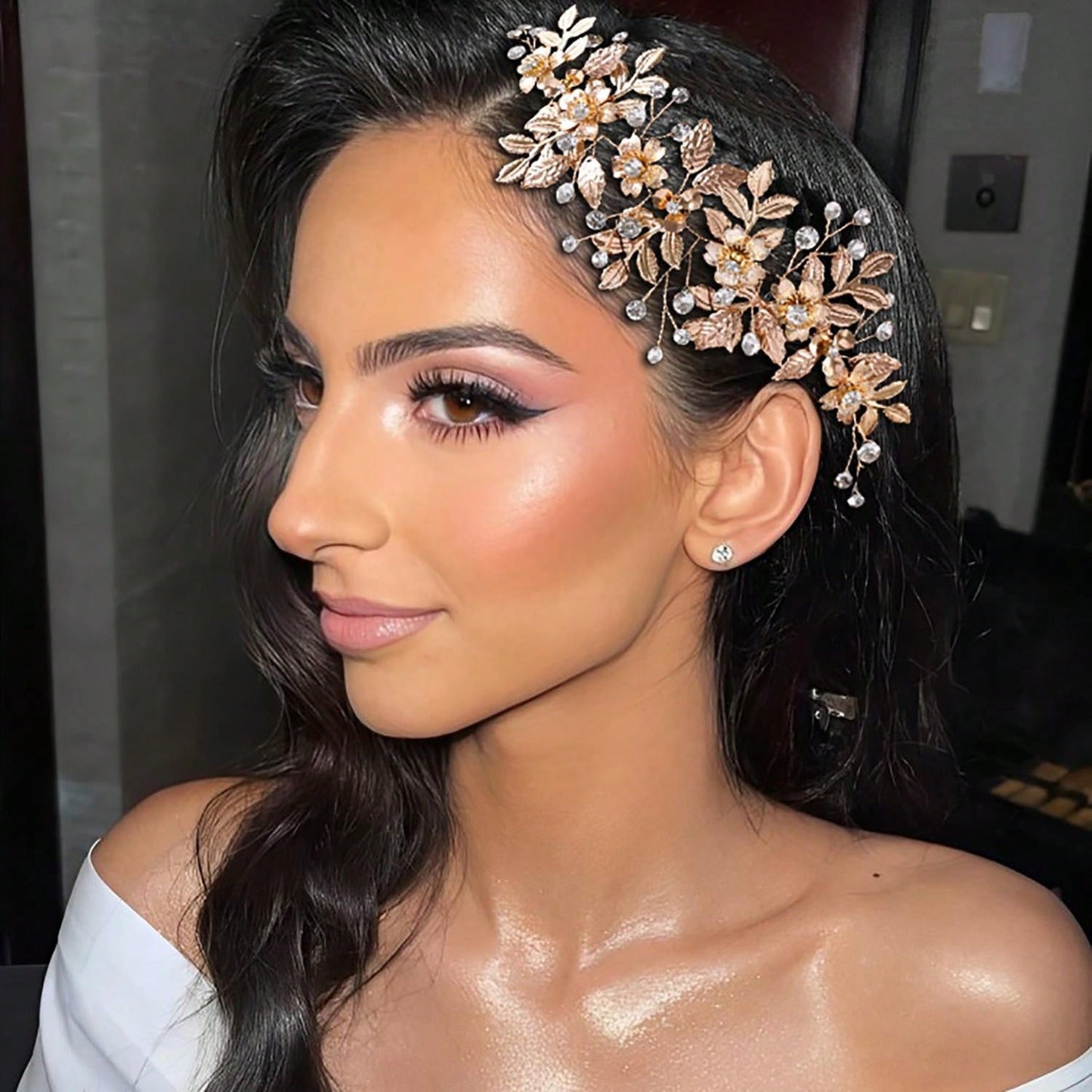 شانجباو واحد شعر رينستون يدوي الصنع بتصميم ورقة الزهر، لوازم عرس الزفاف إكسسوارات جانبية للحجاب الزفاف