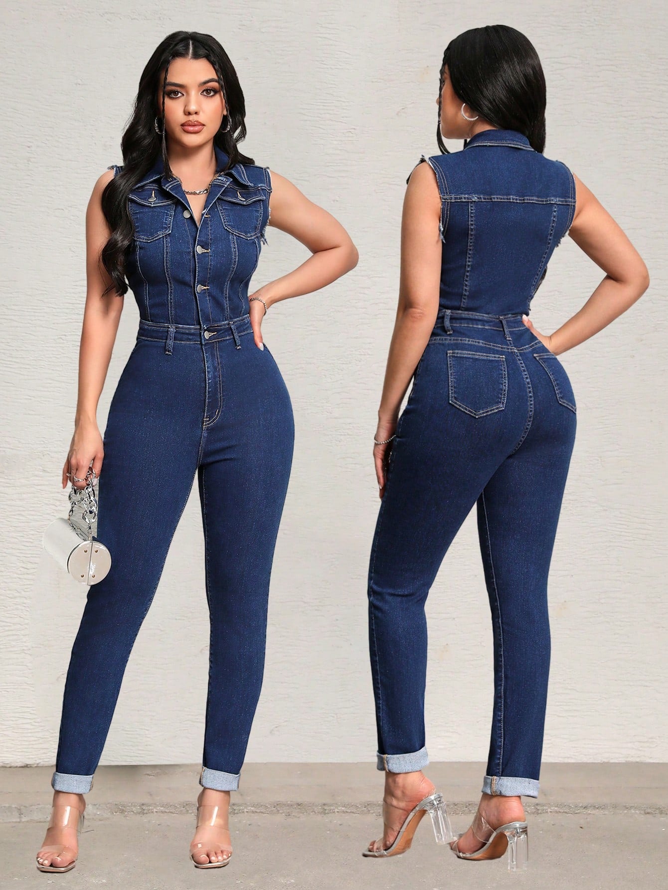 بذلة من قماش الدنيم بلون سادة بدون أكمام