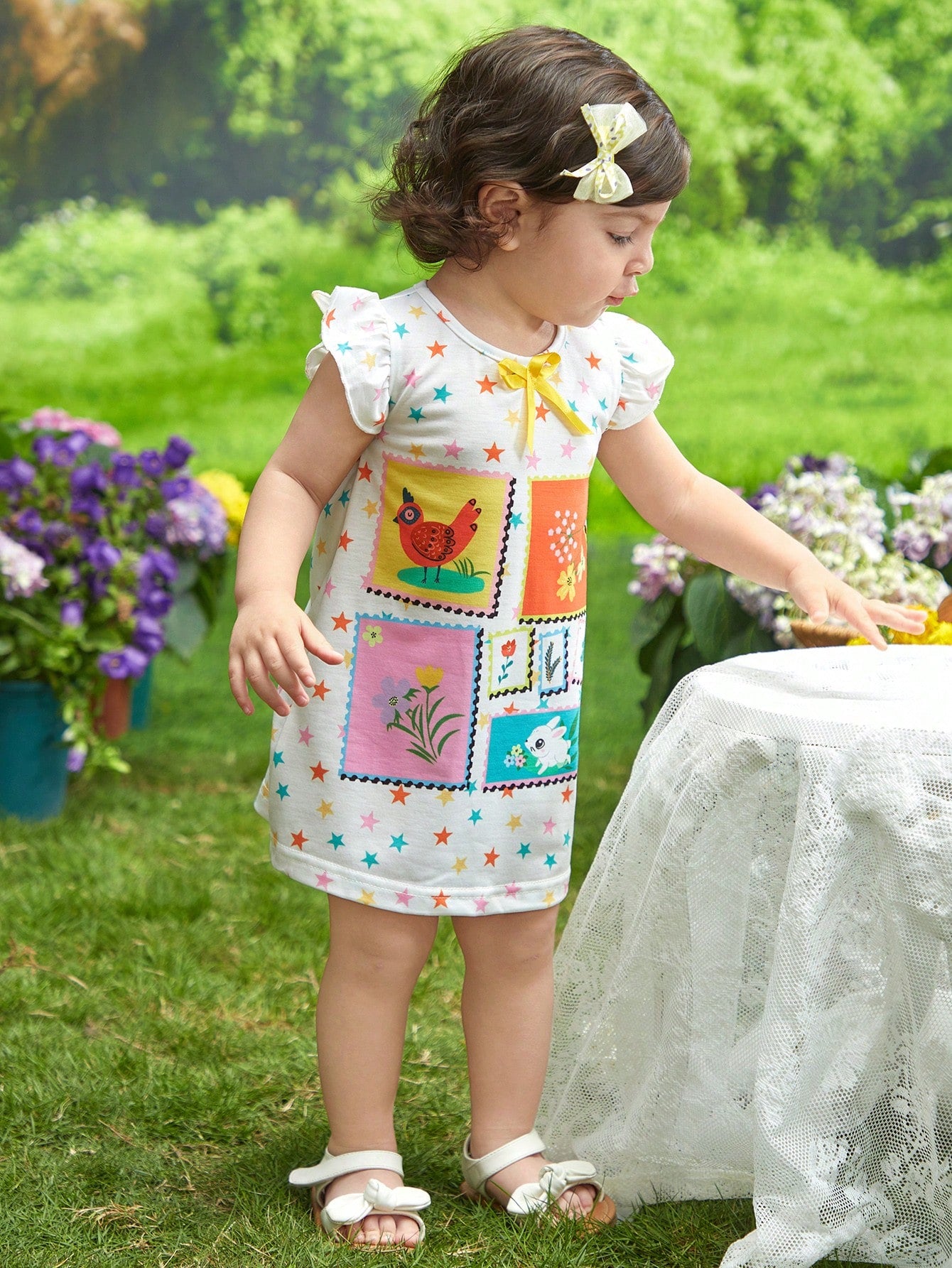 فستان بأكمام قبعة مطبوع لطيف وأنيق لفتيات رضع الأطفال لربيع وصيف