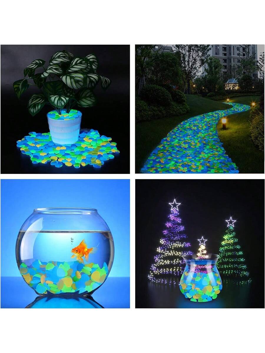 حصى يتوهجون في الظلام، صخور لامعة، حصى ملونة مضيئة، للديكور الداخلي والأسماك، الديكور الخارجي، الحديقة والمنزل وممر خارجي، الأسماك الاصطناعية وطريق وسرير الزهور والنباتات المزروعة وتصميم DIY للطريق (متعدد الألوان)