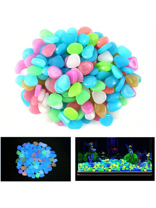 حصى يتوهجون في الظلام، صخور لامعة، حصى ملونة مضيئة، للديكور الداخلي والأسماك، الديكور الخارجي، الحديقة والمنزل وممر خارجي، الأسماك الاصطناعية وطريق وسرير الزهور والنباتات المزروعة وتصميم DIY للطريق (متعدد الألوان)