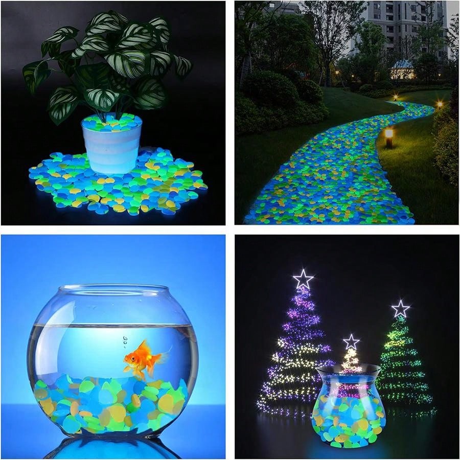 حصى يتوهجون في الظلام، صخور لامعة، حصى ملونة مضيئة، للديكور الداخلي والأسماك، الديكور الخارجي، الحديقة والمنزل وممر خارجي، الأسماك الاصطناعية وطريق وسرير الزهور والنباتات المزروعة وتصميم DIY للطريق (متعدد الألوان)