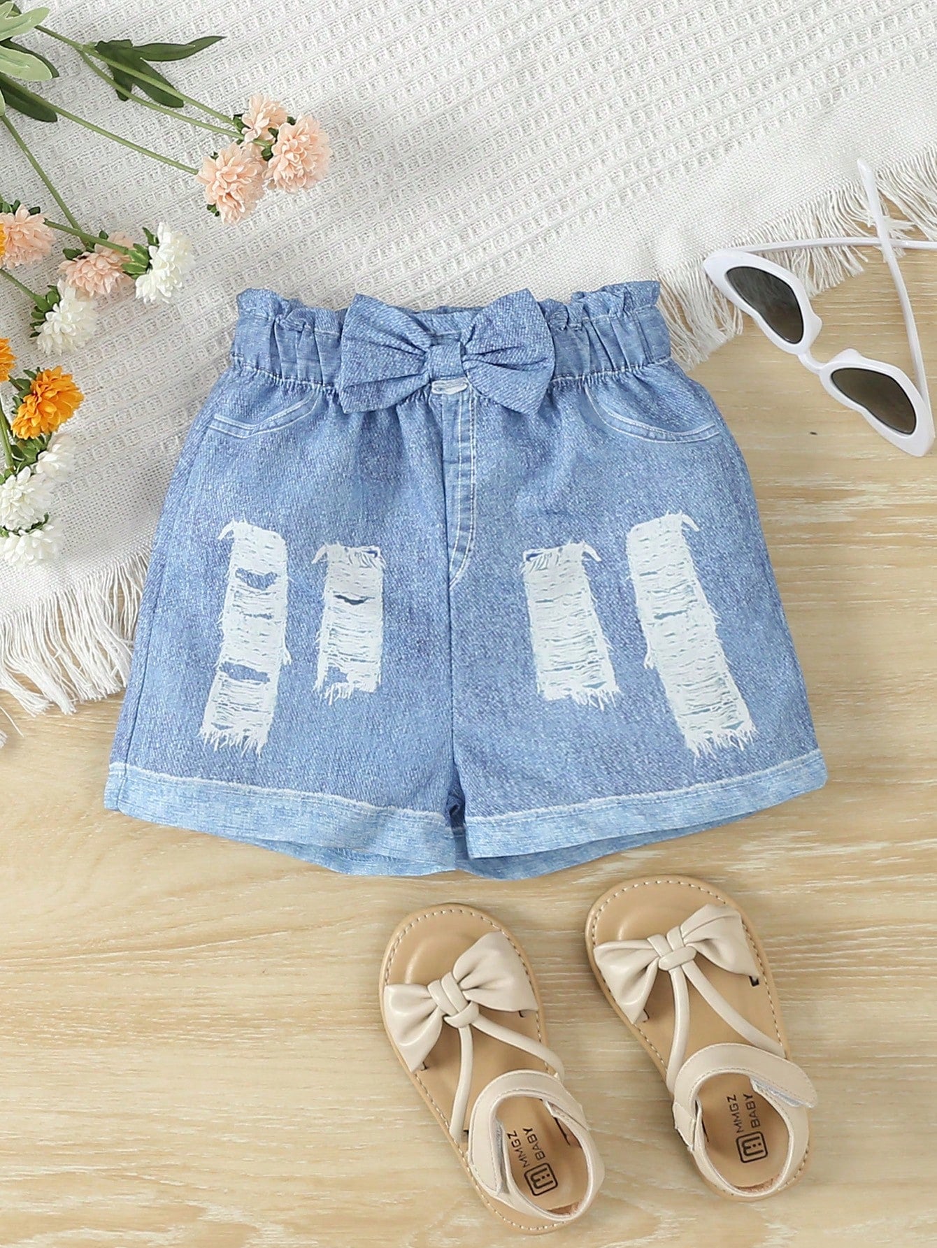 بنطلون أطفال بناتي بتقليد جينز مع زينة عقدة