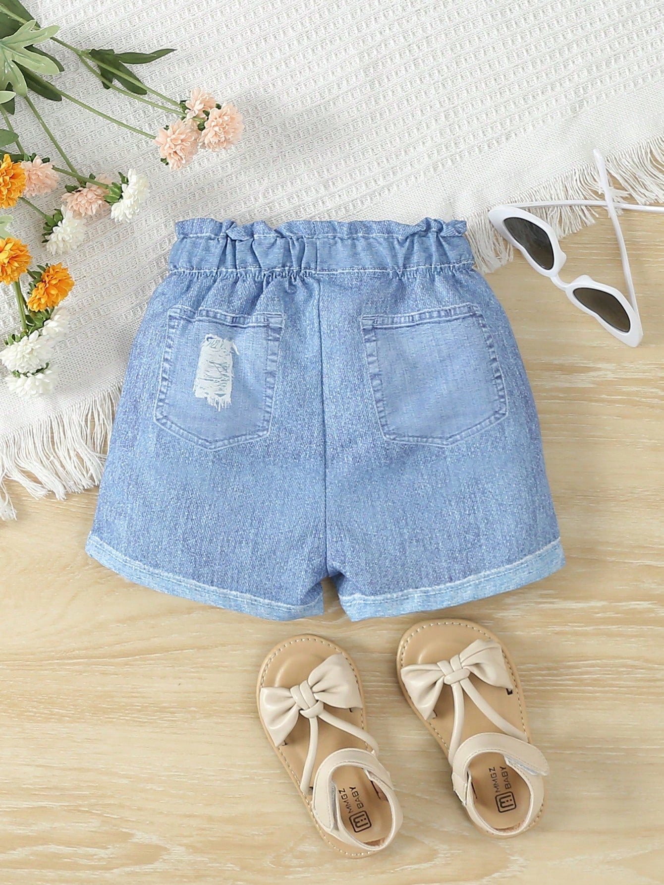 بنطلون أطفال بناتي بتقليد جينز مع زينة عقدة