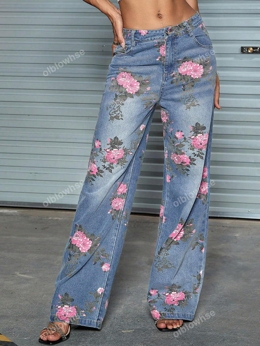 بنطلون نسائي نباتي عصري من الخصر العالي بجيوب مائلة وأرجل مستقيمة