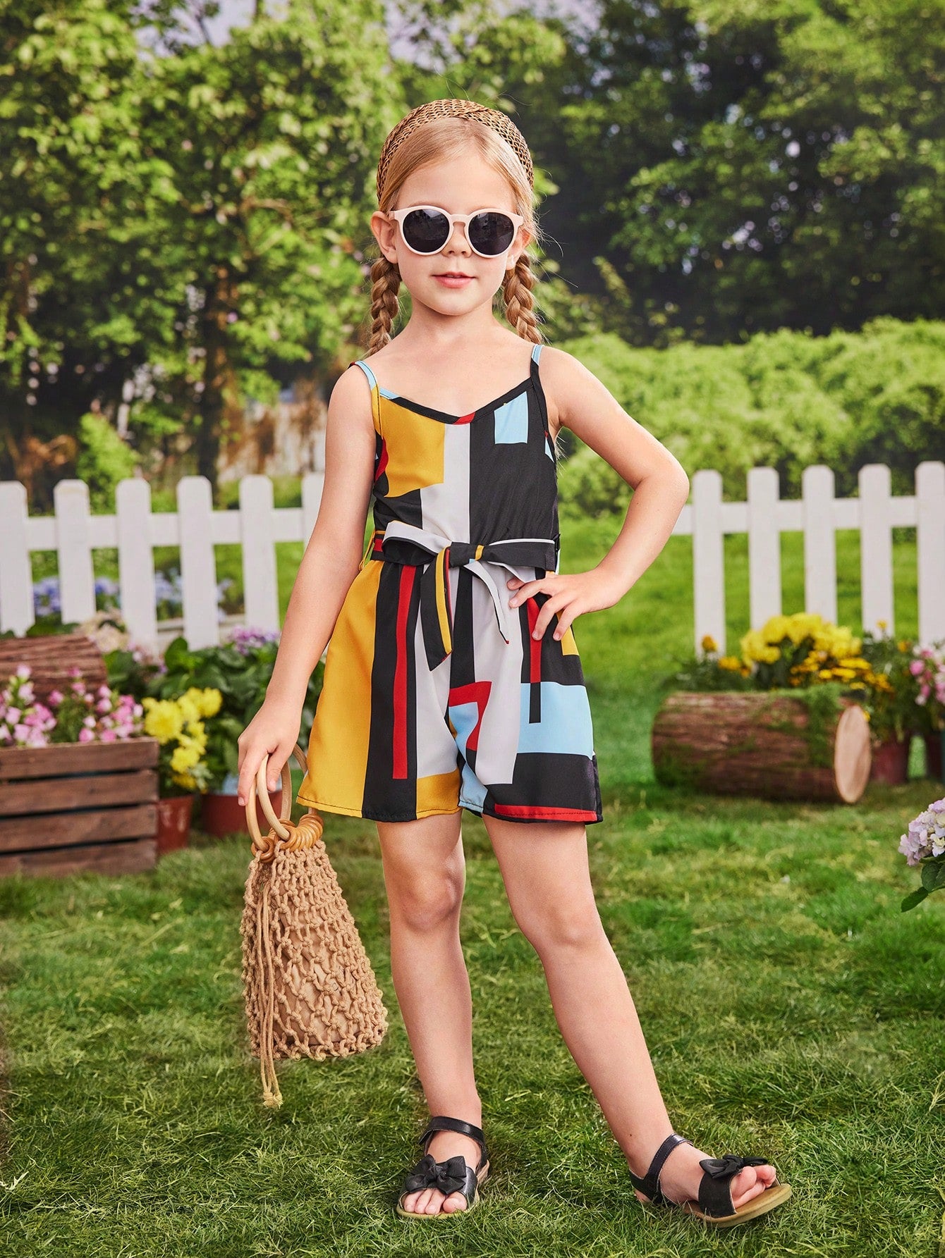 رومبير كامي بحزام وبالوان متجانسة للبنات الصغار