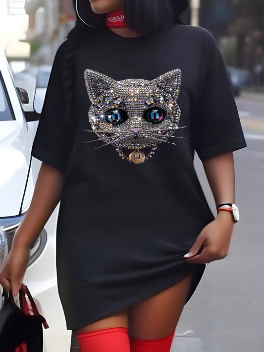 فستان تي شيرت عارضة طوق دائري طبعة القط الراينستون