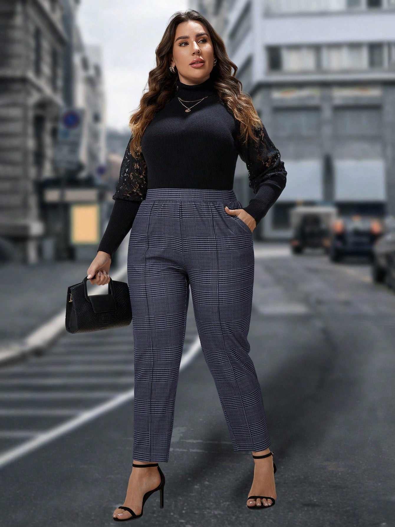 سروال بطبعة المربعات وبمقاس كبير للنساء بتصميم السنانير الضيقة للارتداء اليومي