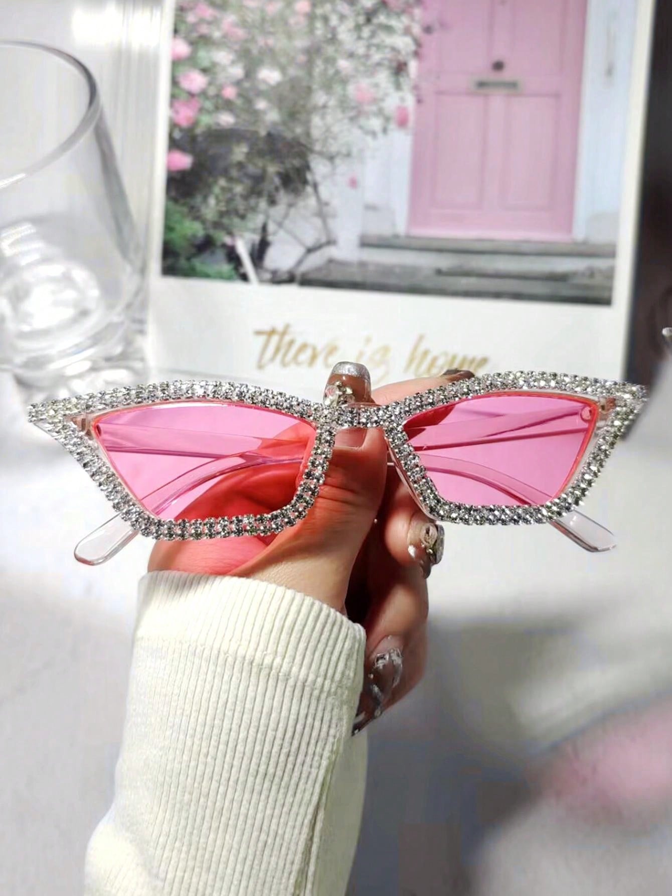 نظارات حفلات موضة فاخرة للنساء مُزينة بالراين واكريستال بإطار وردي بلاستيكي زوج واحد