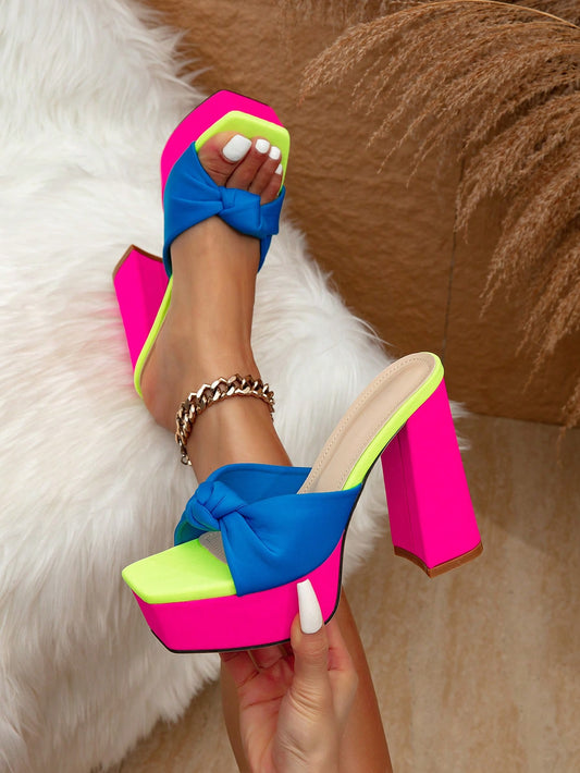 كعب عالٍ على شكل أربطة على طراز فرنسي بالألوان المتعددة ، أحذية شبشب صيفية أنيقة للارتداء اليومي في الخارج.