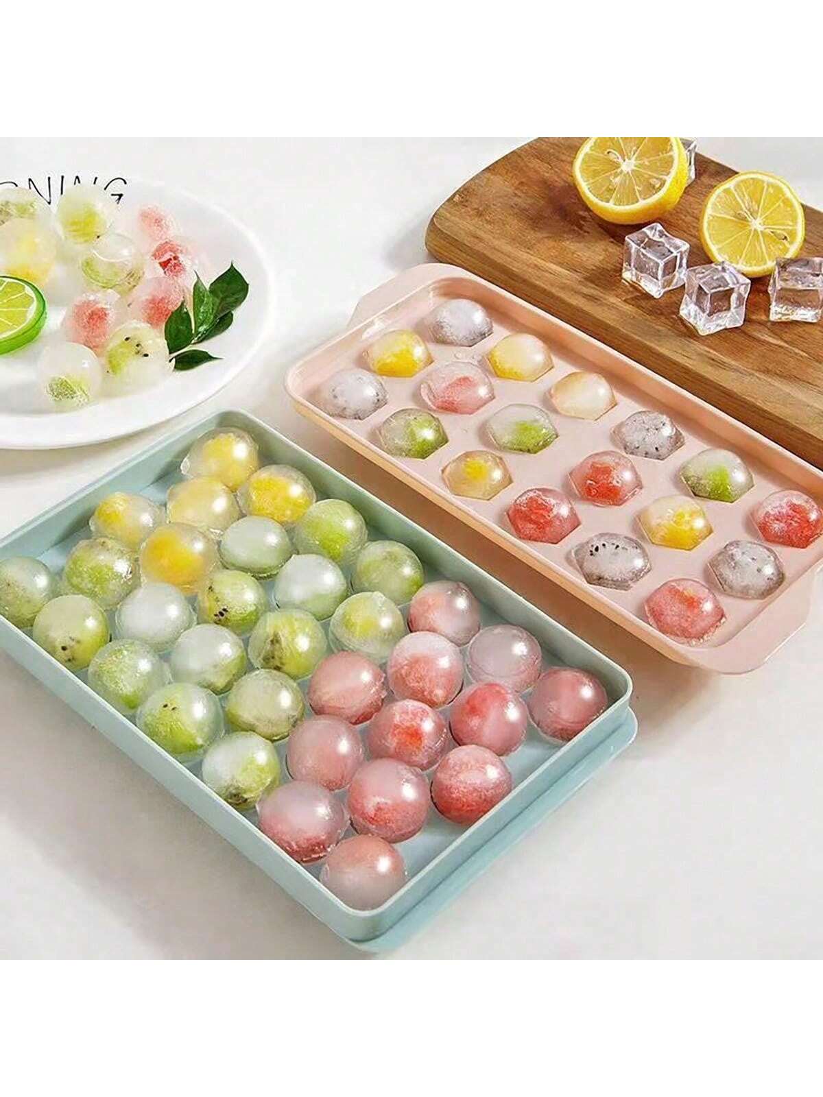 صينية ثلج بلاستيكية بغطاء 33 قالبًا، قالب ثلج بشكل دائري