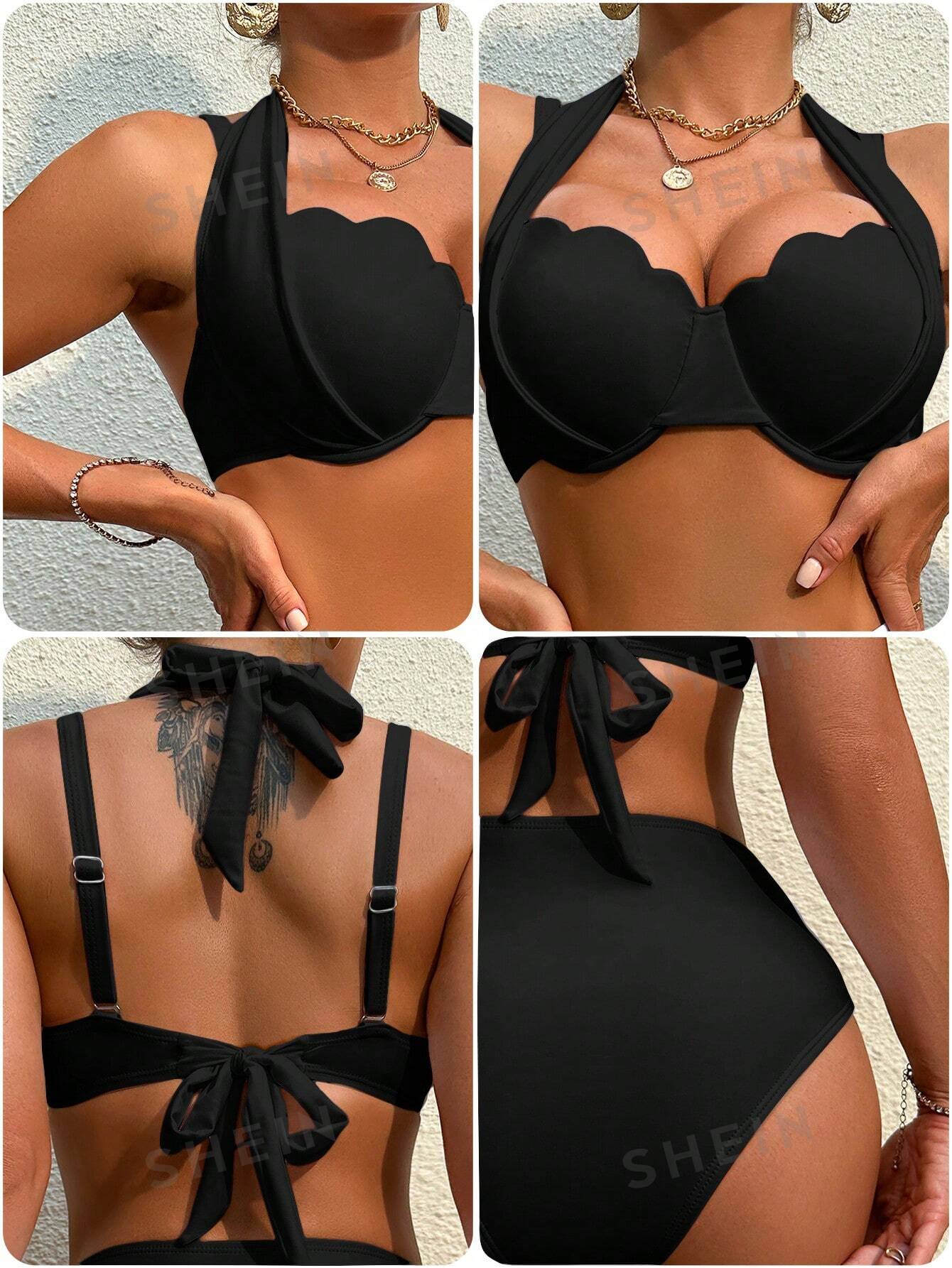بيكيني عنق معلق موحد اللون للنساء مع مجموعة ملابس سباحة منفصلة، شاطئ الصيف