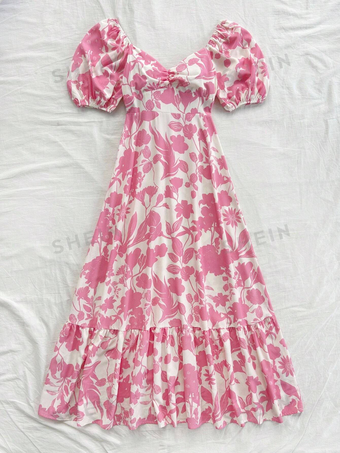 فستان كاجوال للنساء بطبعة العطلة، أكمام منفوشة وذيل مكرر، طرف مزدوج اللون رومانسي لحفل الزفاف أو العودة للمدرسة, وردي وأبيض