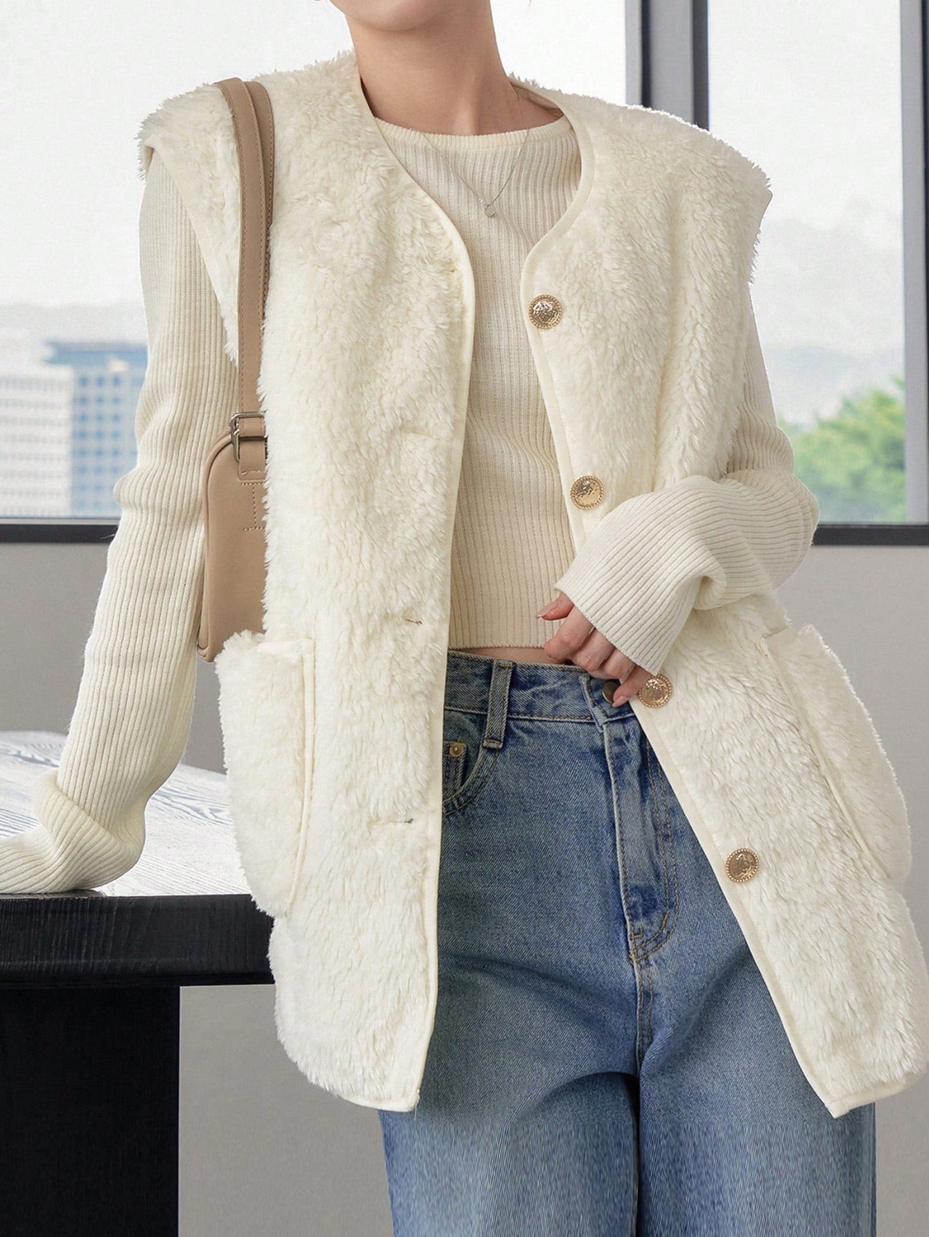 معطف صدري جيب مزدوج أزرار أمامية تيدي