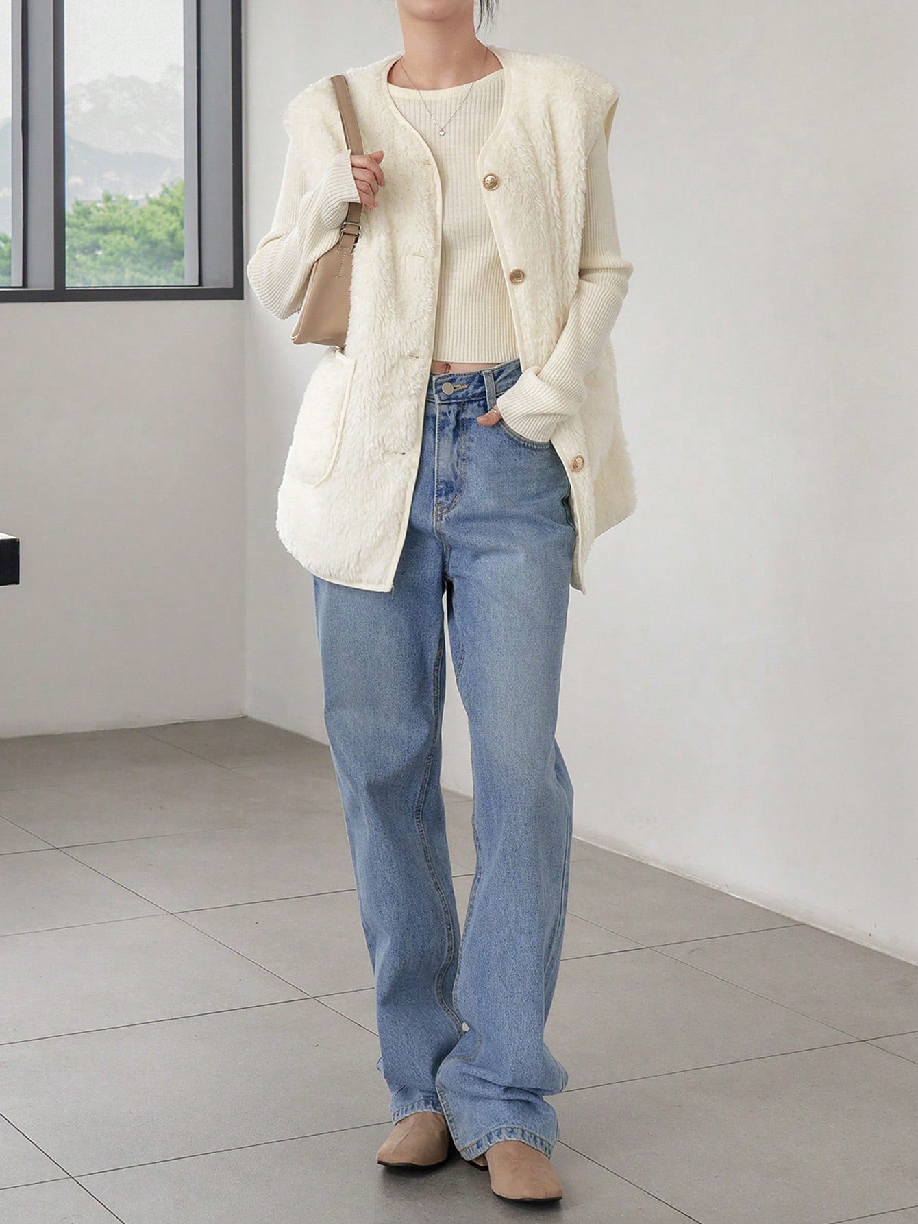 معطف صدري جيب مزدوج أزرار أمامية تيدي