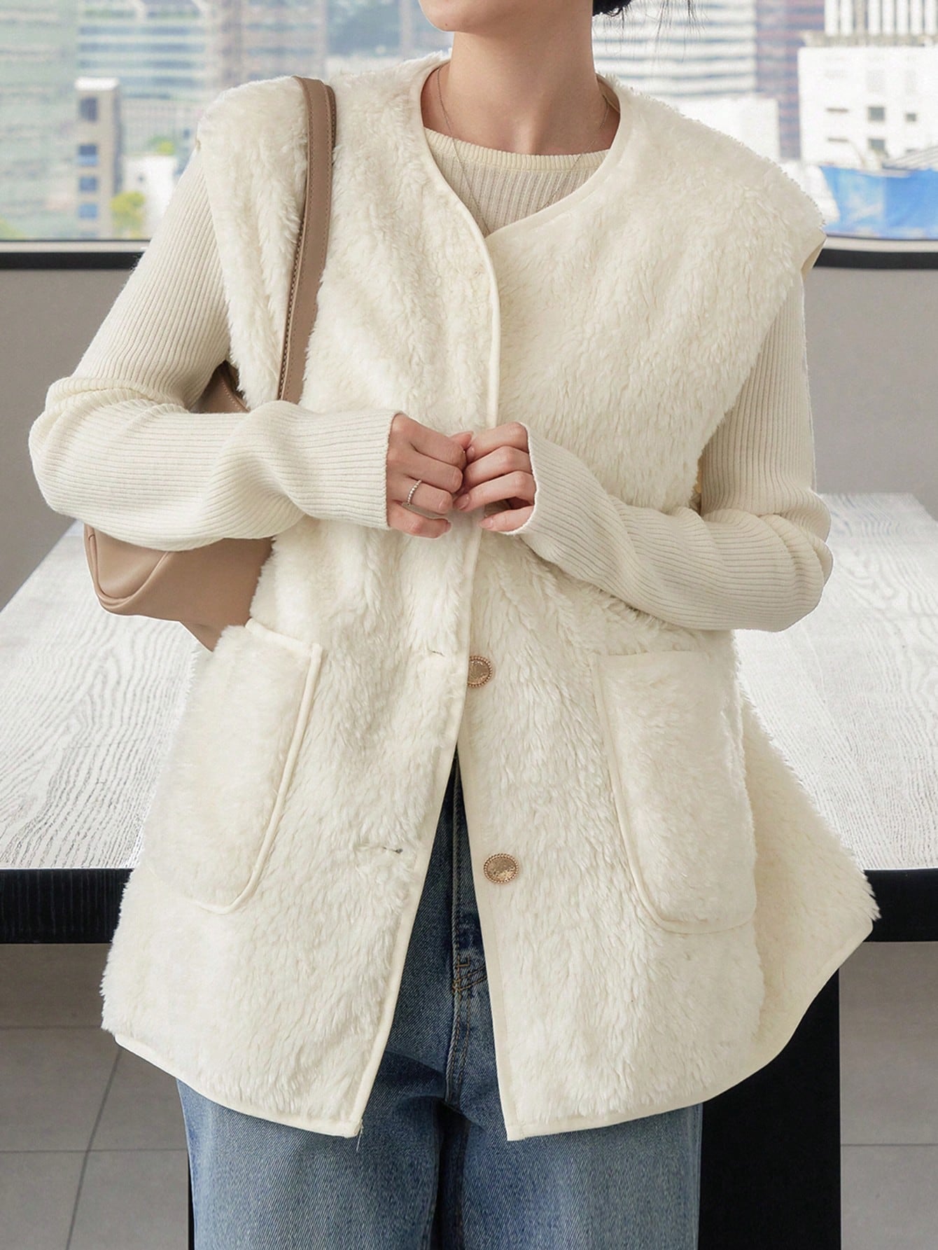 معطف صدري جيب مزدوج أزرار أمامية تيدي