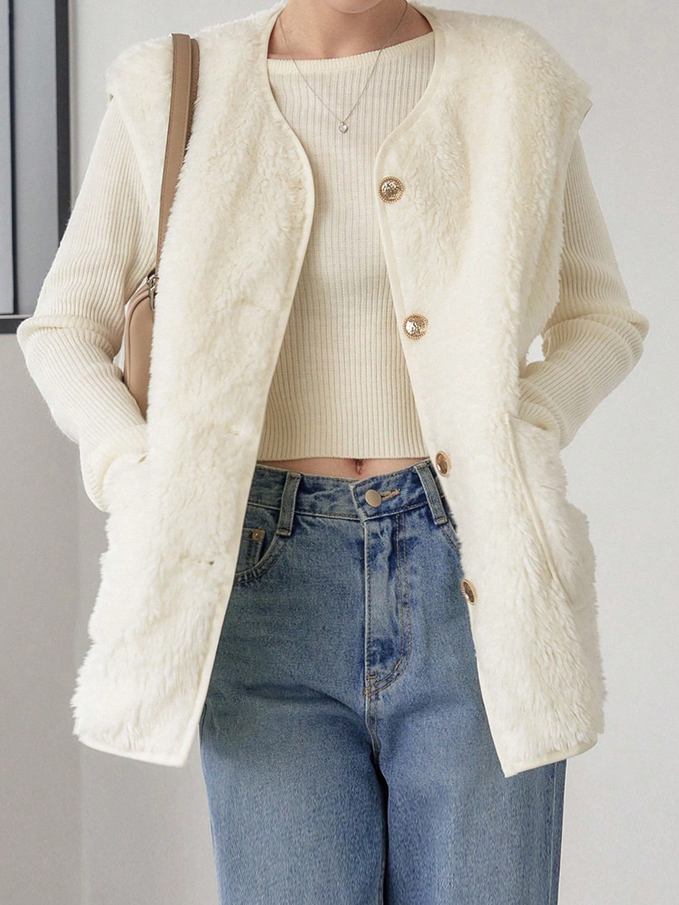 معطف صدري جيب مزدوج أزرار أمامية تيدي