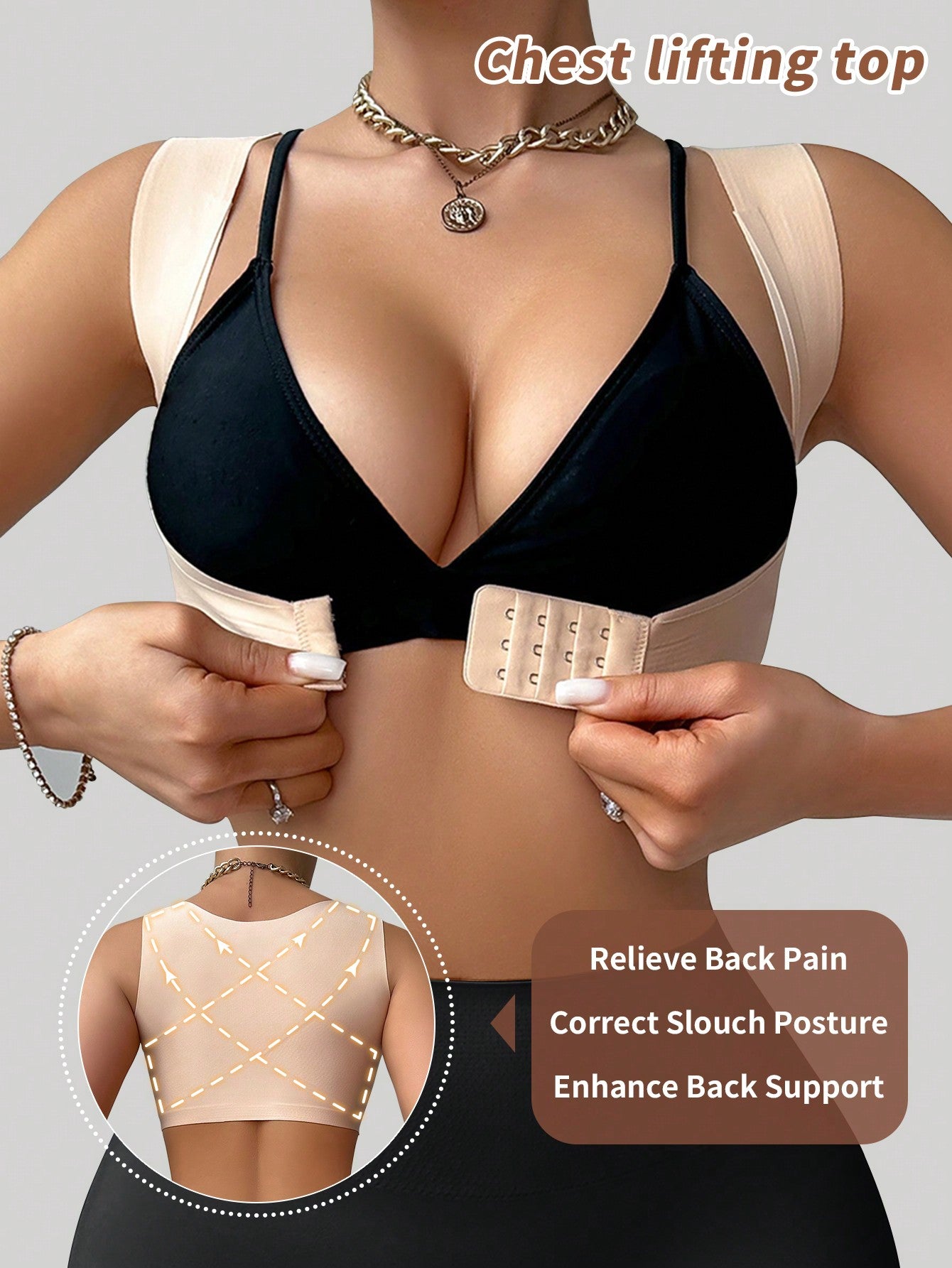 ملابس علوية تكييف الجسم النسائي الملساء ، مع إغلاق أمامي ودعم صدر ، وتصميم خلفي بشكل V ، قطعة واحدة