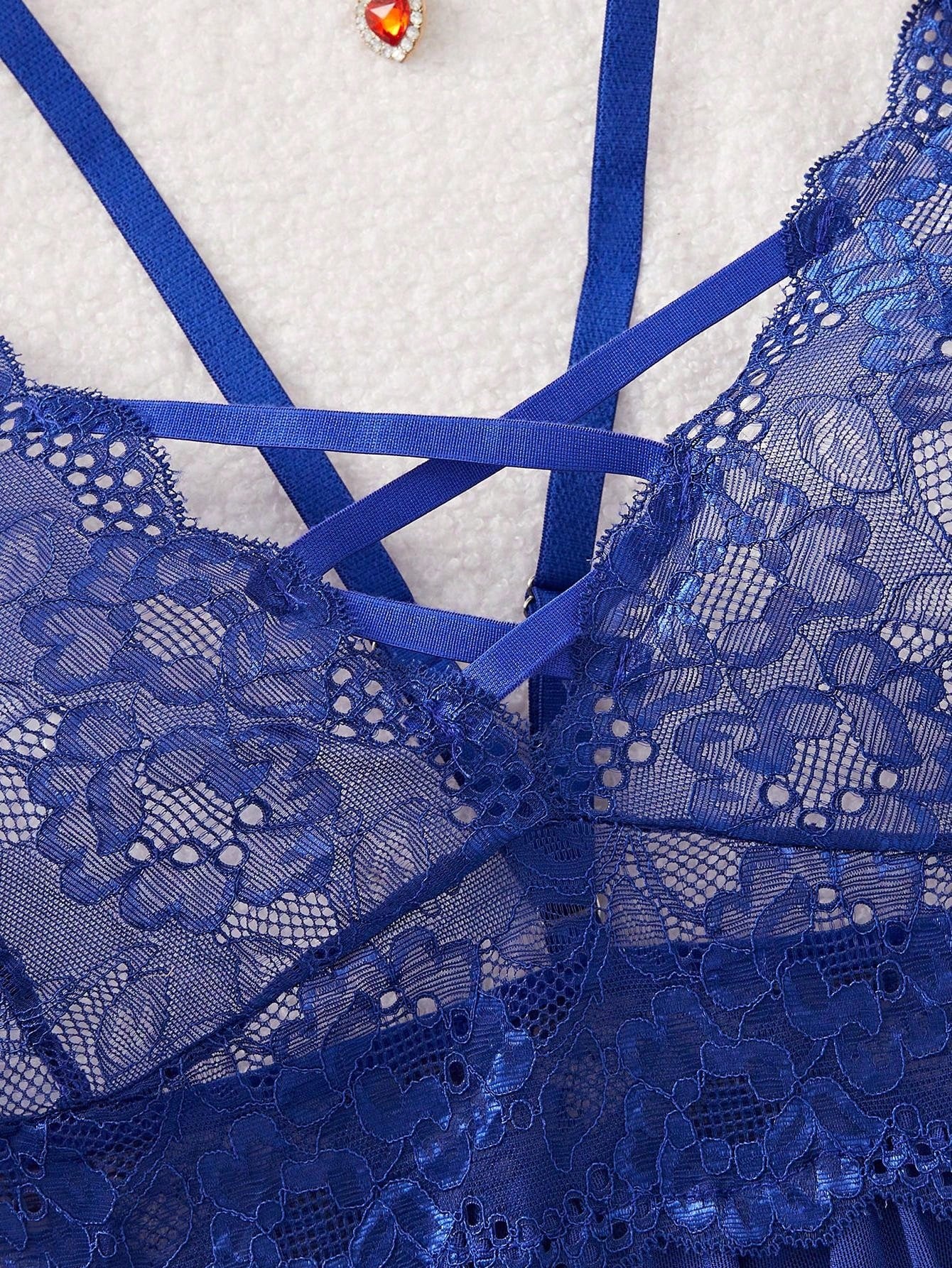 طقم لانجيري مقاس كبير للنساء، بيبي دول جريء مع حمّالات رباط خلفي ولآلئ دانتيل إثاري