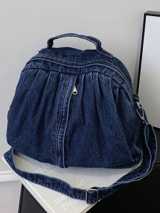 حقيبة كتف صدفية من الدينيم قابلة للطي المحمولة وأنيقة، يمكن ارتداؤها كحقيبة كتف وحقيبة كتف مزدوجة