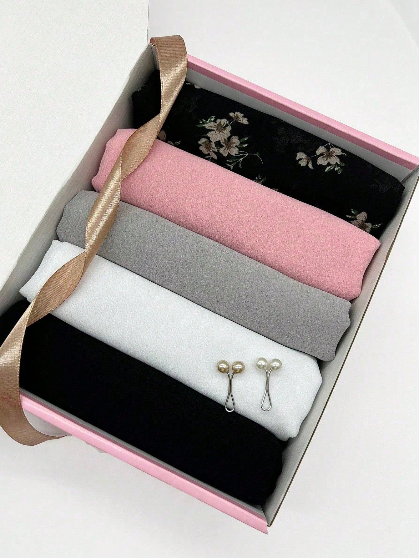 صندوق مجموعة حجاب شيفون للنساء المسلمات - 5 قطع من أوشحة الحجاب المطبوعة قطعتين من القماش الصلب غير اللكم، فرشاة إسفنجة، رف تصريف، رف تخزين الحوض