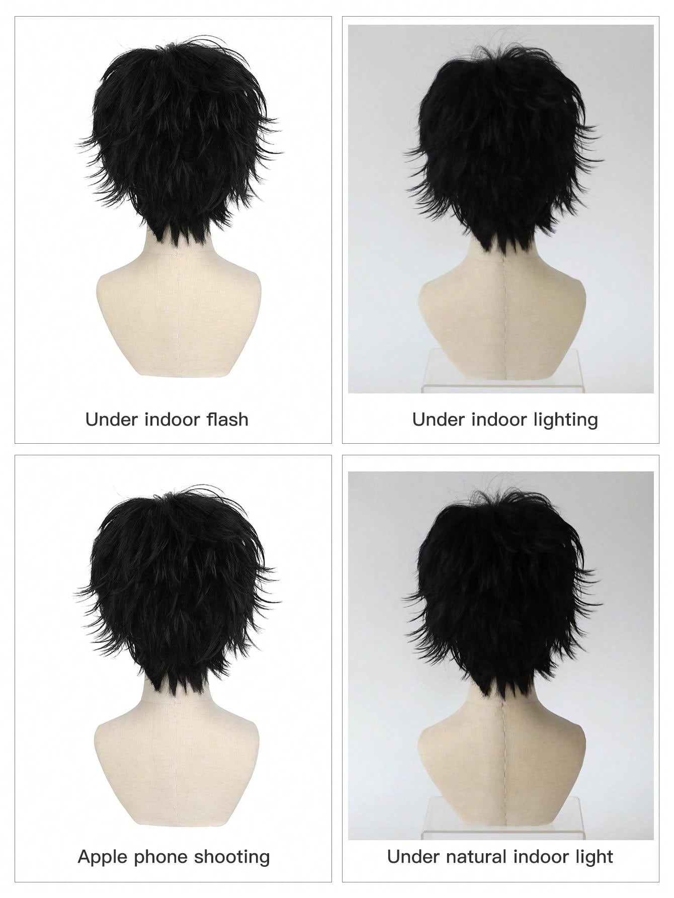 شعر مستعار اصطناعي متعدد الاستخدامات للتنكر بأشكال الأنمي، تصميم شعر أسود قصير بتجعيدات للأعلى، شعر مستعار كامل للتنكر في المهرجانات والأعياد والاحتفالات