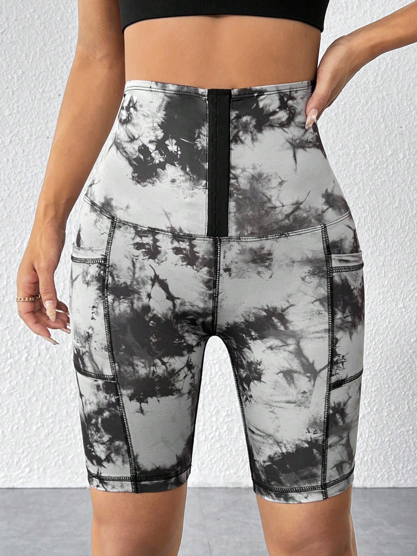 بنطلون ضيق عالي المرونة بعصابة شديدة التحديد وخصر عالي بزر للنساء بتأثير الصباغة