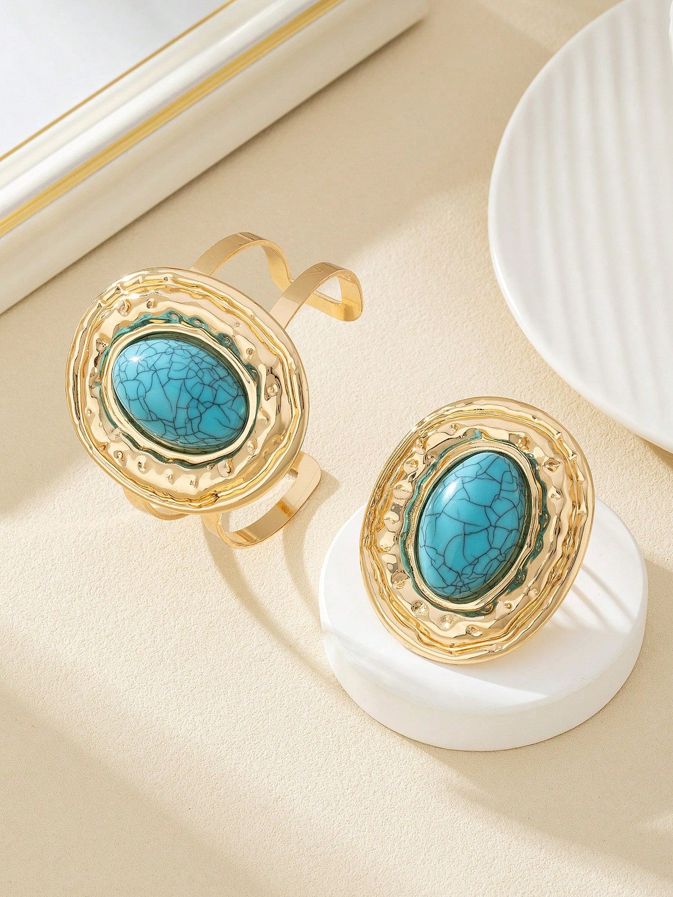 مجموعة واحدة من خواتم سوار اللؤلؤ الكبيرة العصرية المطلية بالمعدن للنساء، مجموعة مجوهرات