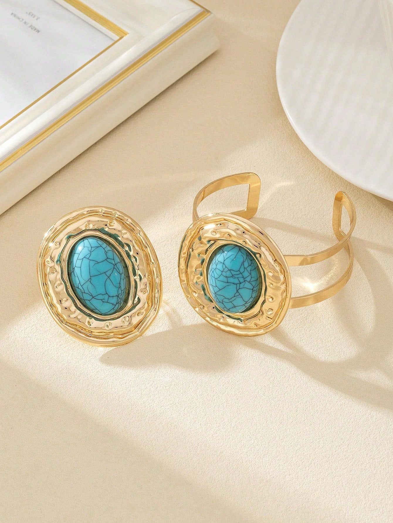 مجموعة واحدة من خواتم سوار اللؤلؤ الكبيرة العصرية المطلية بالمعدن للنساء، مجموعة مجوهرات