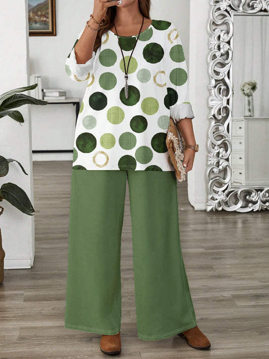 سترة قطنية هيكلية غير رسمية بحجم كبير للنساء بنقشة النقط الفضفاضة وسروال واسع الساقين، الخريف