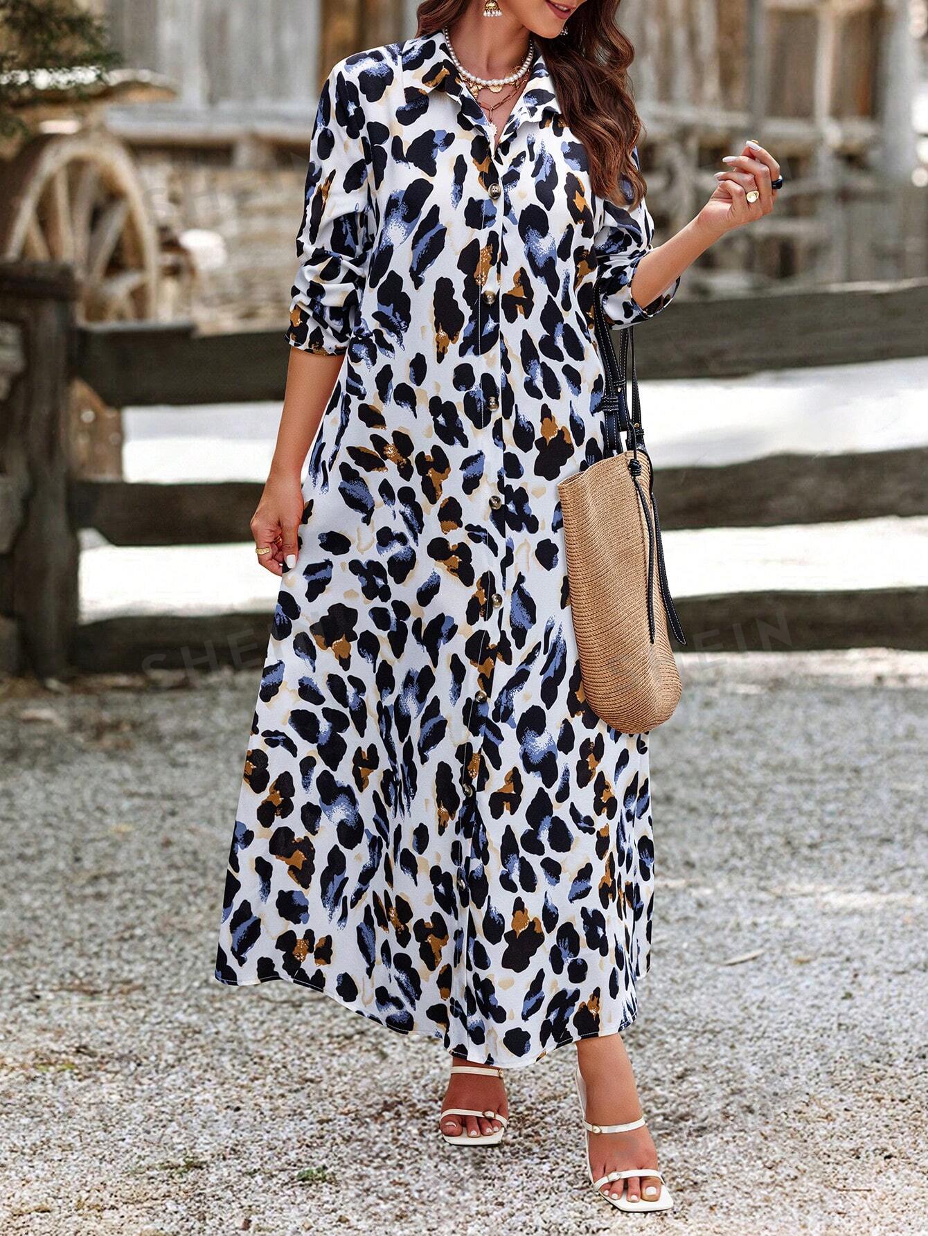 فستان نسائي بأزرار مع طبعة كاملة وياقة، عارضة للعطلات الكاجوال