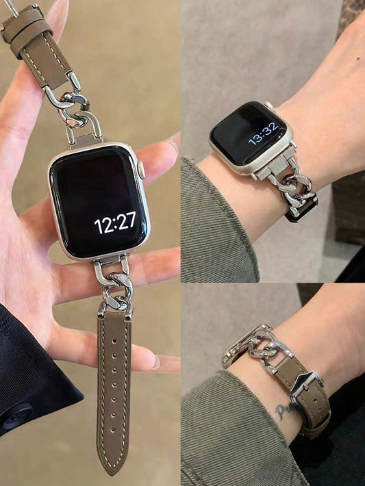حزام ساعة آبل معدني تأثير الجينز فضي الخياطة جلد بني