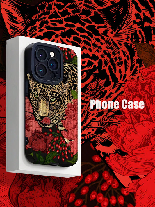 ١ قطعة  غطاء هاتف ناعم النسيج  بنمط وردي أحمر ملتهب وفهد