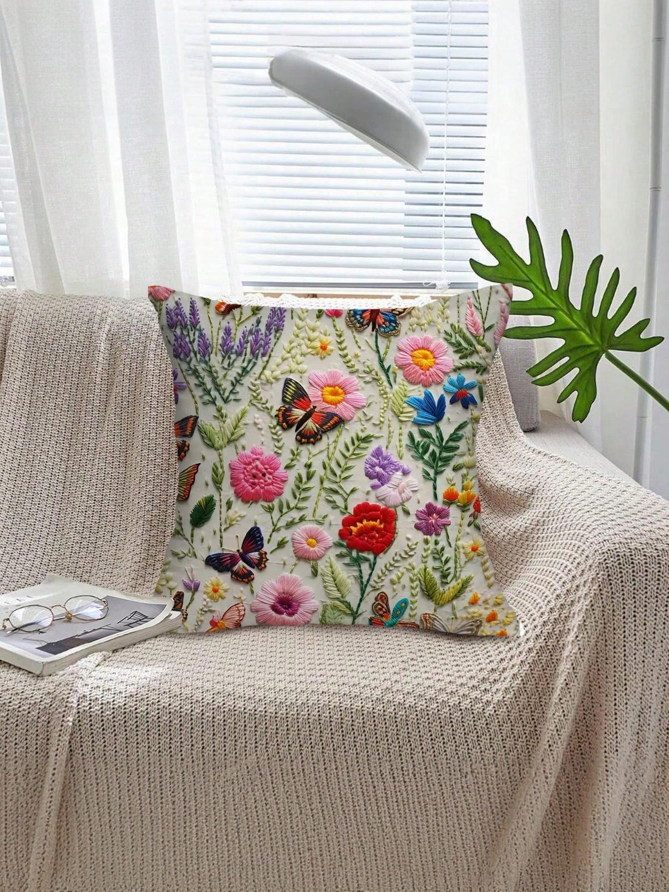 كيس وسادة مطبوع بالأزهار والفراشات من البوليستر قطعة واحدة