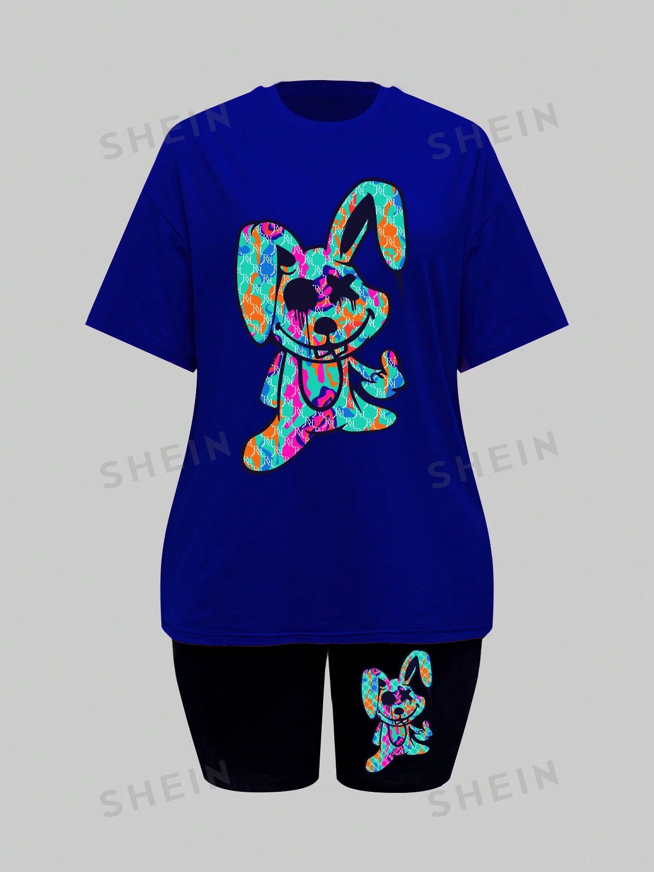 مجموعة القميص القصير ذو الياقة المستديرة بطبعة الأرنب الكرتوني للنساء في الصيف مع السراويل القصيرة