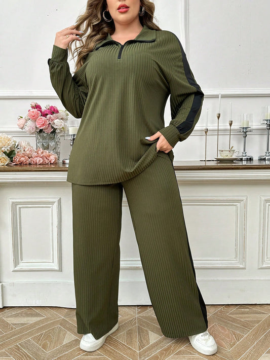 مجموعة قياس زائد قطعتين، ملابس علوية ذات أكمام طويلة سحاب باللونين وبنطال رجل مستقيم فضفاض للاستخدام اليومي