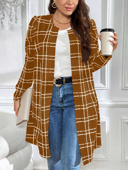 جاكيت كاجوال بأكمام طويلة بطبعة مربعات مقاس كبير